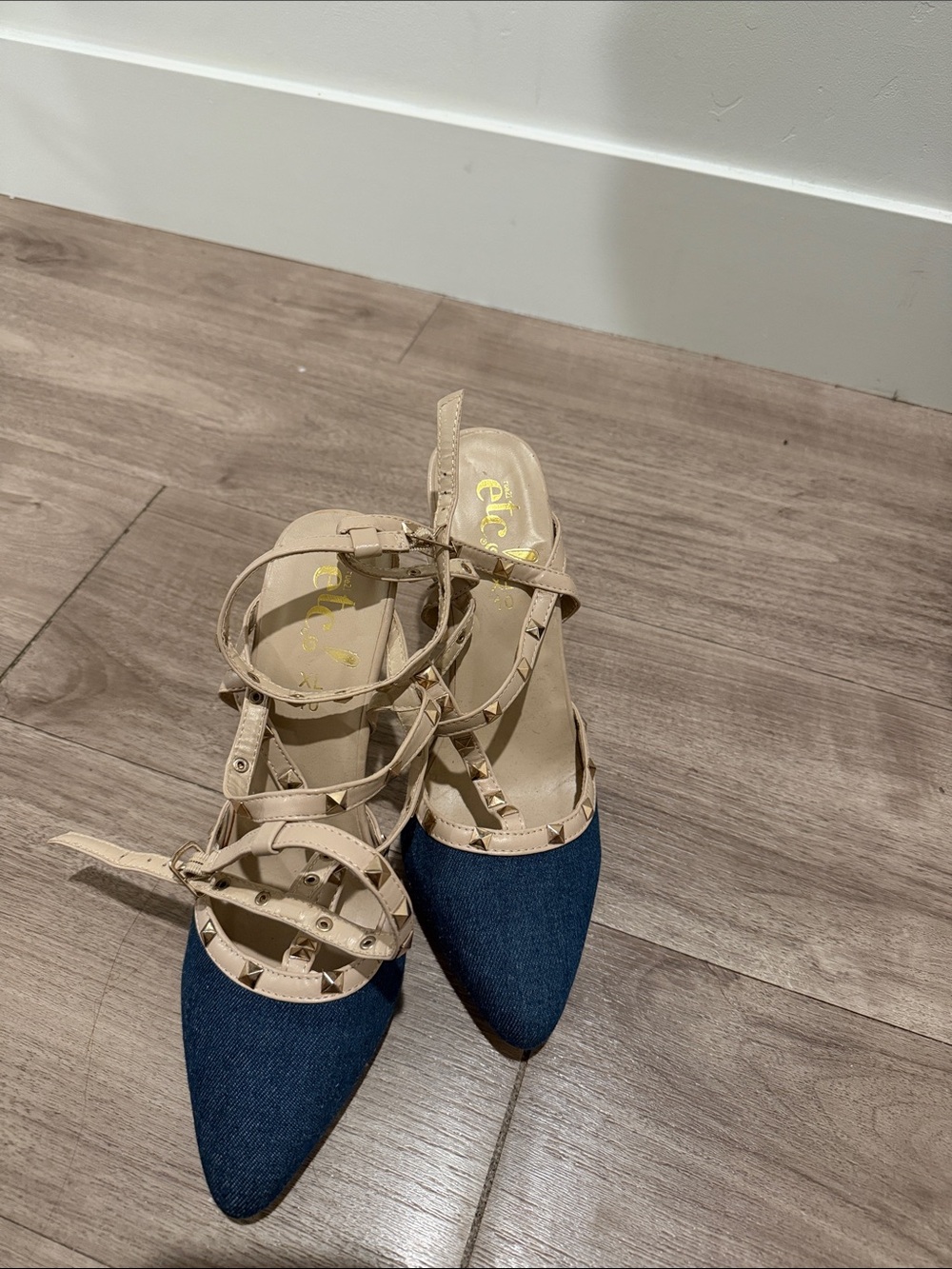 Etcetera Beige Strappy Pointed Denim-Toe Flats with Stud Accents